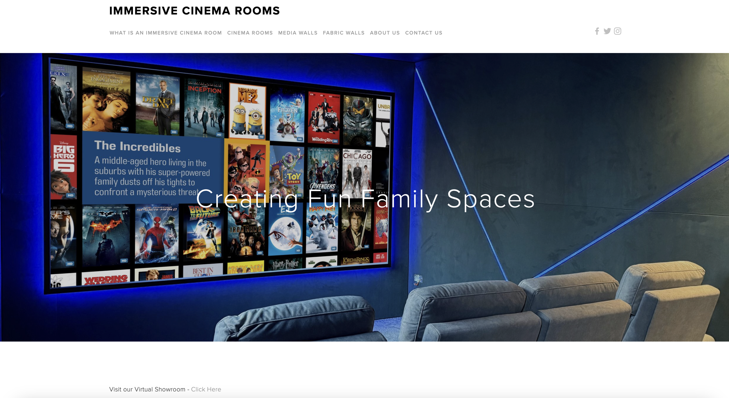 A home theater setup with a large screen displaying a selection of movies, blue accent lighting on dark walls, and three plush theater seats in front.